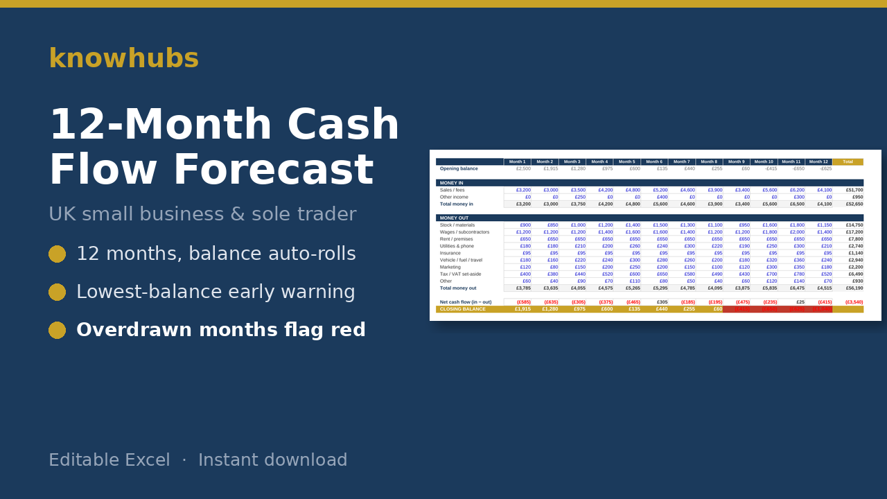 knowhubs 12-month cash-flow forecast with overdrawn-month warning