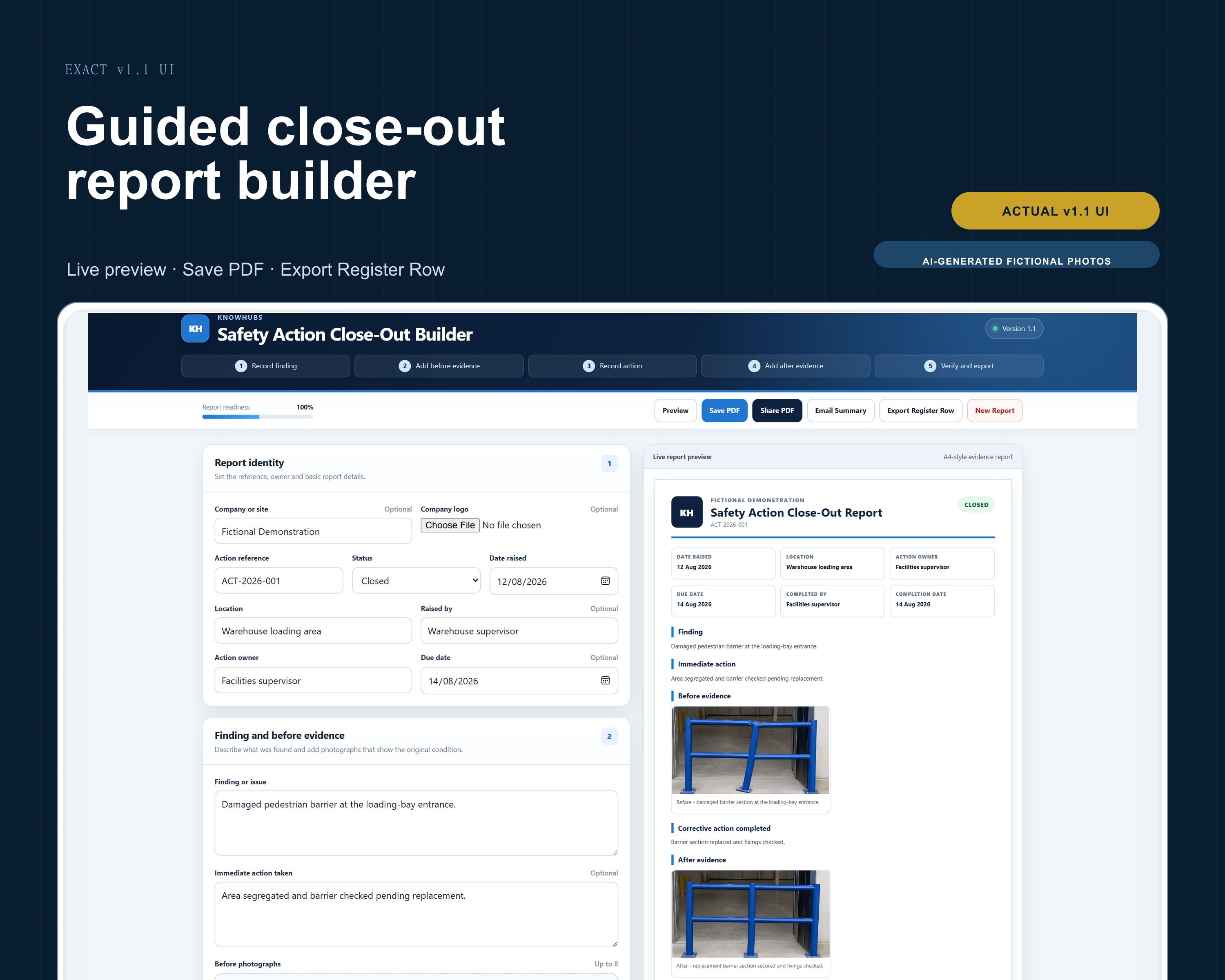 Genuine Safety Action Close-Out System version 1.1 HTML builder interface